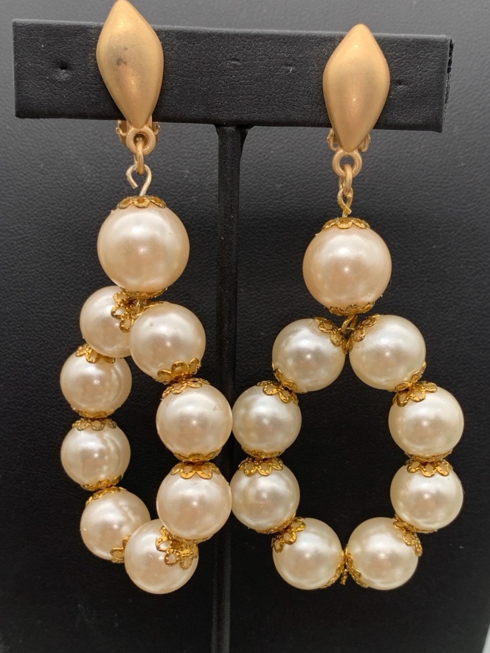 Vintage Matte gold tone and Ivory faux Pearl Drop Hoop clip on Earrings